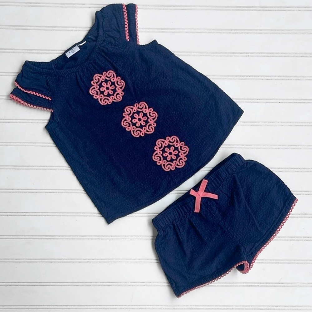 CROWN & IVY EUC Navy Seersucker Embroidered Ruffle Light Weight Summer Set